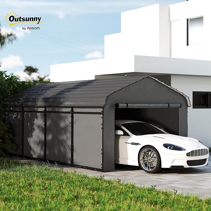 Outsunny 12' x 20' Heavy Duty Metal Carport, Waterproof Garage Car Canopy Shelter with Galvanized Metal Roof and Removable Sidewalls for Cars, Boats, Tractors, Dark Gray
