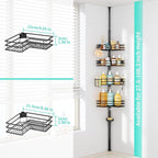 HapiRm Corner Shower Caddy Organizer - Shower Organizer Corner with Soap Holder, Toothbrush Holder and 4 Hooks, Rustproof Bathroom Shelf Tension Pole Available for 27.6 to 108.3 Inch - Black