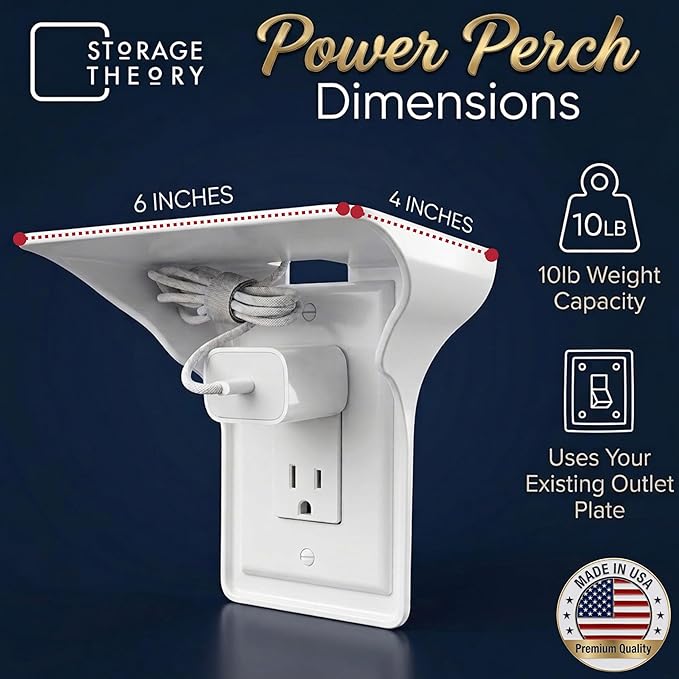 BeraTek Power Perch Wall Outlet Shelf with Cord Storage Strap - Declutter & Reclaim Counter Space - Alexa Holder, Charging Stand, Apple Homepod Mini Wall Mount - White, 2-Pack