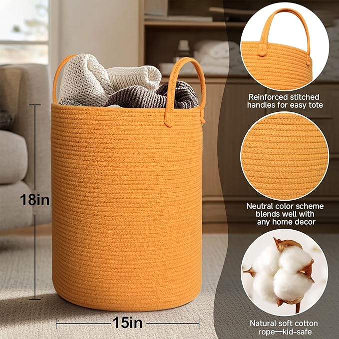 Large Orange Laundry Basket, 15"x18" Tall Blanket Storage Living Room, XL Cotton Rope Toy Bin for Organizing, Wicker Woven Baby Nursery Laundry Hamper with Handle, Orange Room Decor Aesthetic