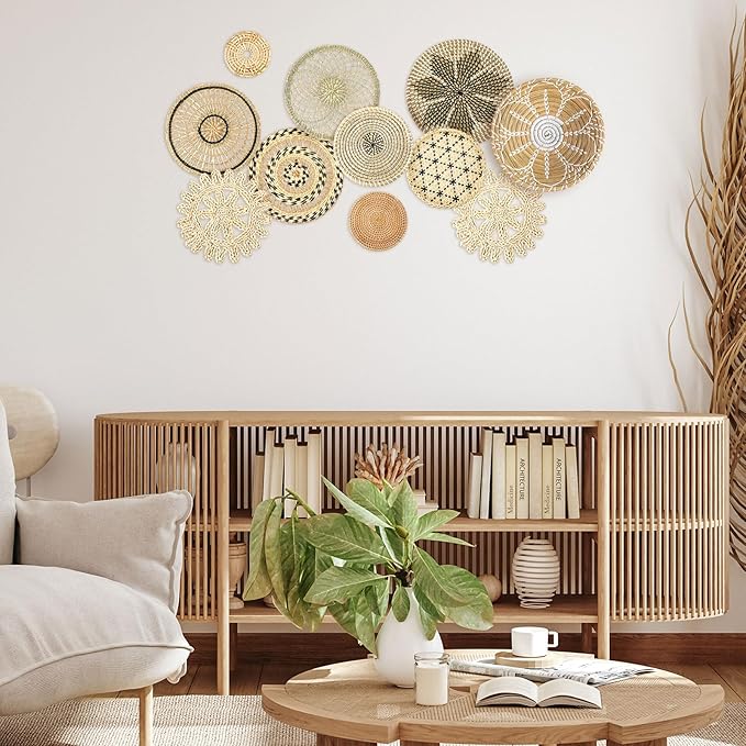 Tatuo 11 Pcs Boho Wall Basket Decor Decorative Bulrush Woven Basket Wall Decor Art Round Farmhouse Hanging Baskets for Kitchen Rustic Home Summer Decorations, Multi Sizes(Vivid)