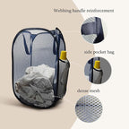 The upgraded pop-up laundry basket features a breathable side pocket mesh design, making it ideal for rooms, apartments, dormitories, travel, business trips, and children's storage(2, Dark blue)