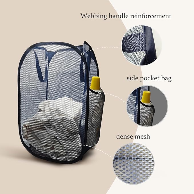 The upgraded pop-up laundry basket features a breathable side pocket mesh design, making it ideal for rooms, apartments, dormitories, travel, business trips, and children's storage (1, Dark blue)