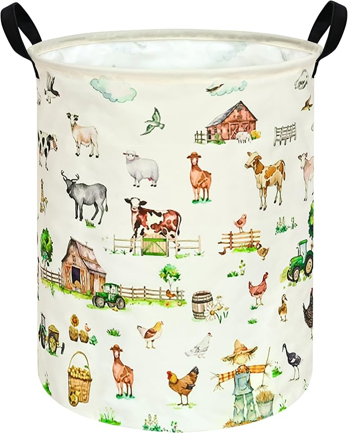 Farm Pattern 19.7 Inch Round Laundry Clothes Hamper Laundry Basket with Handles,Storage Organizer Bins Laundry Gift Basket for Room, Bedroom Decor