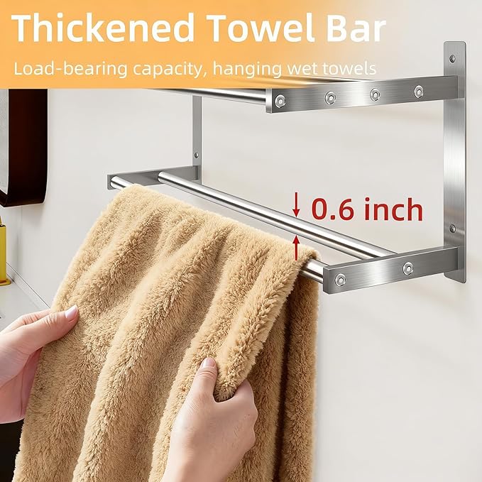 Towel Racks for Bathroom 24 inch, 2 Tier Bathroom Shelf with Double Towel Bar, Stainless Steel Wall Mounted Towel Rack with Shelf for Bathroom Towels Storage, Brushed Nickel