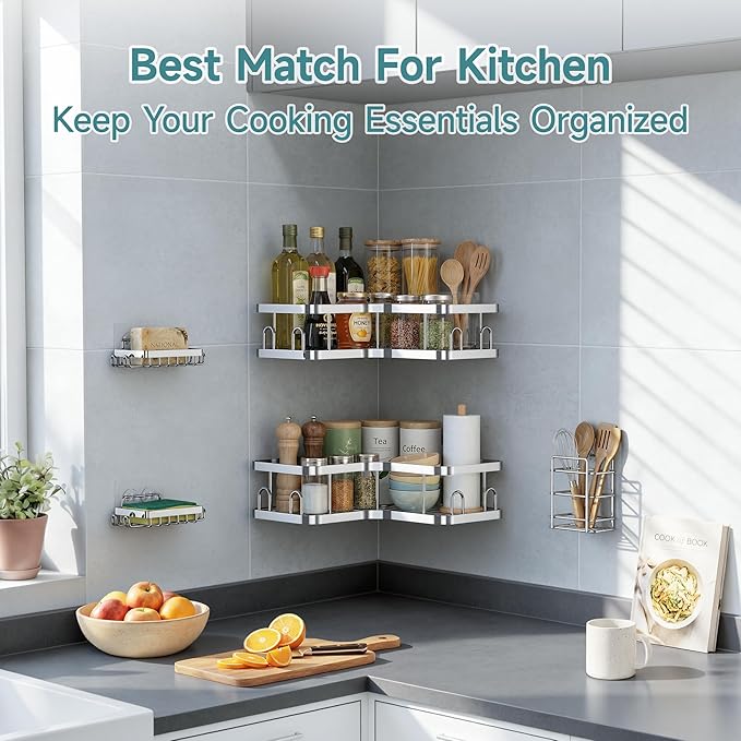 Veken Corner Shower Caddy 5-Pack, Advanced Rustproof Design, No Drilling Adhesive Shelves, Rack with Soap Holder, Large Capacity Bathroom Organizers and Storage, Wall-Mounted Kitchen&Home Decor,Silver