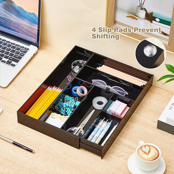 1 Pcs Acrylic Desk Drawer Organizer 9'' up to 18'' x 15'' x 2.1'' Expandable Drawer Organizer Trays with 7 Adjustable Compartments Black Desk Accessories for Makeup Office Bathroom