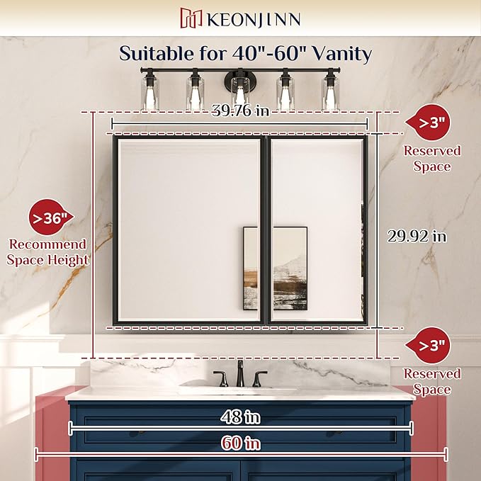 Keonjinn 40” x 30” Medicine Cabinets for Bathroom with Mirror Recessed or Surface Wall-Mounted Aluminum Alloy Framed Beveled Mirror with Soft Close Hinge, 2 Doors Silver Mirrored Cabinet