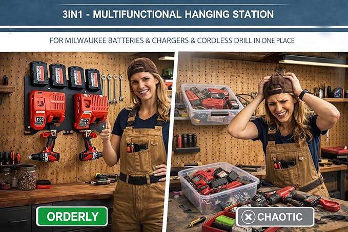 3-in-1 Battery Charger Wall Mount Holder for Milwaukee 4X M18 18V Battery and 2X M12-18C Charger/2x M12-18FC Charger/1x M18 DFC & 2 Drills. Battery Charger Hanger/Storage/Rack/Organizer for Garage