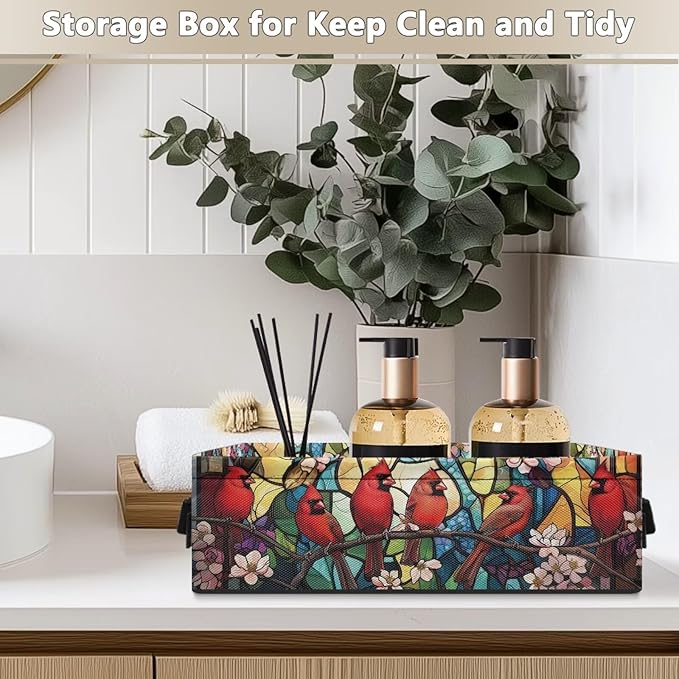 Toilet Paper Storage Basket for Organizing Collapsible Storage Bin Organizer Fabric Basket with Handles for Bathroom Essentials Cosmetics, American Cardinal Red Bird Stained Glass Flower