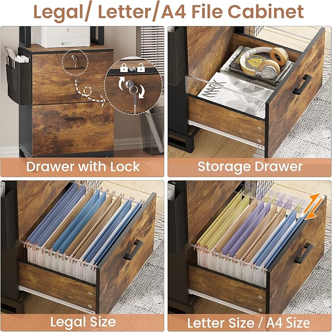 Itaar 2 Drawer File Cabinet with Lock, Filing Cabinet for Home Office fits Legal/Letter/A4 Size, Printer Stand with Adjustable Storage Shelf and Hook, Rustic Brown