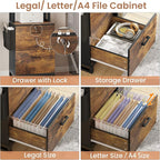 Itaar 2 Drawer File Cabinet with Lock, Filing Cabinet for Home Office fits Legal/Letter/A4 Size, Printer Stand with Adjustable Storage Shelf and Hook, Rustic Brown