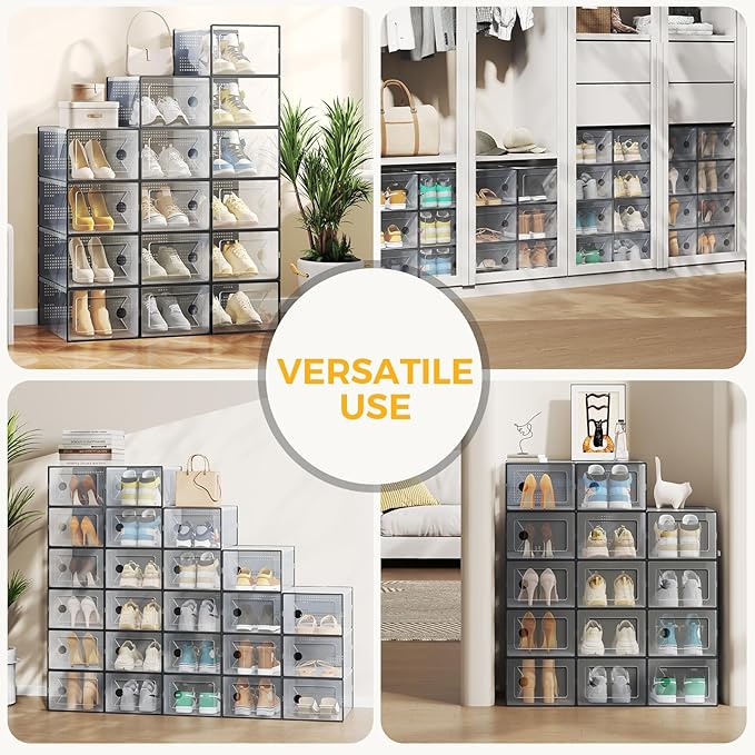 NEWBULIG 12 Pack Clear Shoe Storage Boxes, Shoe Organizer for Closet with Lid, Plastic Stackable Breathable Shoe Cabinet with Lid for Sneakers, Heels & Boots, Black