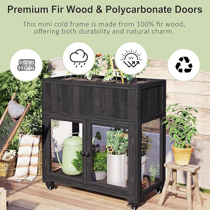 37.4" H Mini Wood Cold Frame Garden Greenhouse with 2 Doors and Wheels, Raised Bed with Liner for Indoor Outdoor Use, Black