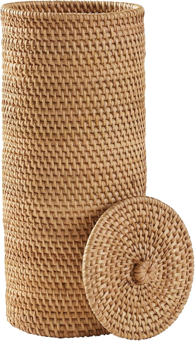 Floor Standing Rattan Toilet Paper Reserve with Lid, Freestanding Toilet Paper Storage Holder for Bathroom, Toilet Roll Organizer with Cover for Extra Toilet Paper Rolls