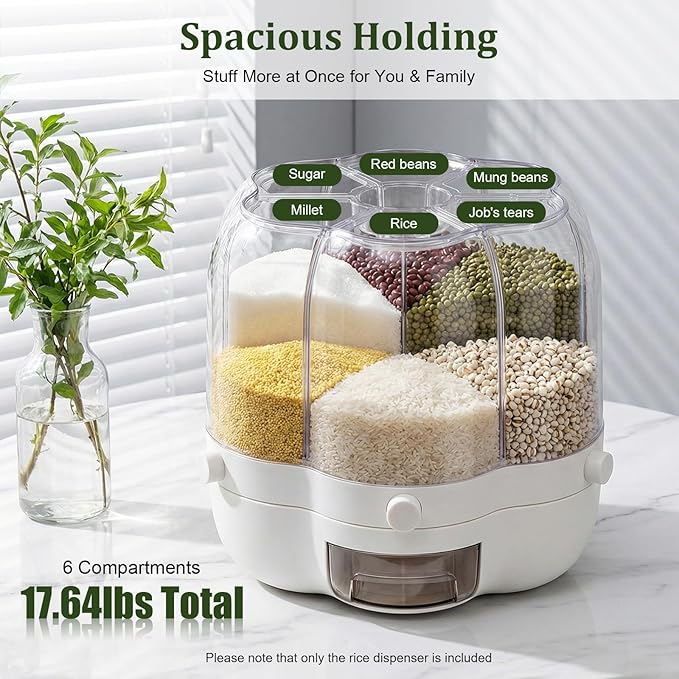 Rice Dispenser, 6 Grid 360° Rotating Rice Container Cereal Dispenser with Lid, Grain Storage Organizer Cereal Holder for Kitchen Countertop Dry Food, White, 8kg/18lbs