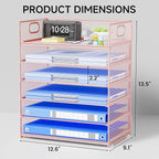 Pink Paper Organizer for Desk with Handle, 6-Tier Metal Mesh File Organizer | Stackable Desktop Organizer for Office Supplies & Stationery Storage