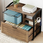 HSH Mobile Lateral File Cabinet with Drawer, Rolling Filing Cabinet for Legal Letter Size, Printer Stand with Storage Shelf, Lockable Wheels, Hanging File Organizer for Home Office, Rustic Oak, 33Inch