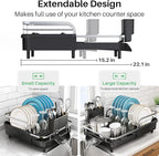 SNTD Dish Drying Rack, Expandable Dish Rack for Kitchen Counter, Stainless Steel Dish Drainer with Drainboard Set and Utensil Holder (Black)