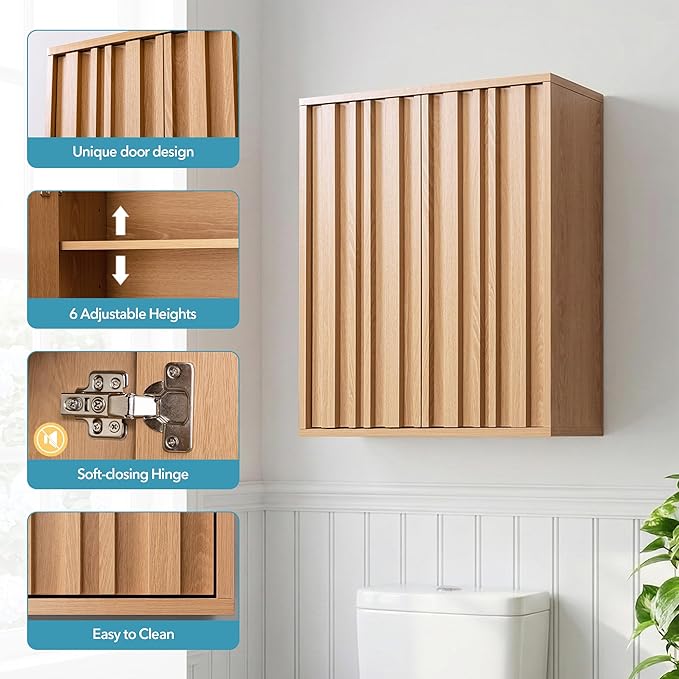 Fluted Bathroom Wall Cabinet Over Toilet, 15mm Thick Moisture-Resistant Wood Hanging Storage with Push-to-Open Doors, Japandi Floating Medicine Cabinet for Half Bath & Kitchen, Natural Oak