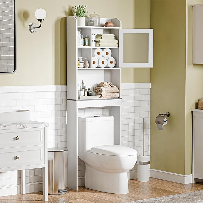 ZENY Over The Toilet Storage Cabinet, Bathroom Organizer with Adjustable Shelf and Double Doors, Freestanding Bathroom Space Saver Toilet Rack (White)