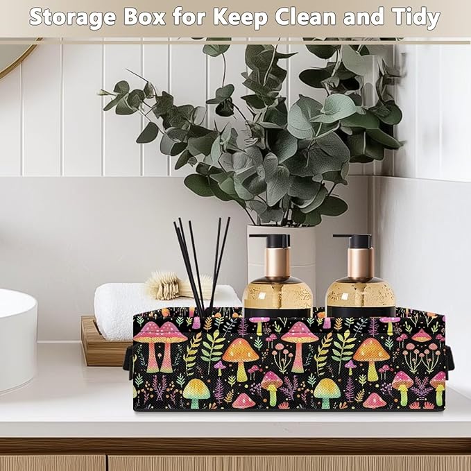 Storage Bins Fabric Storage Baskets Shelves Closet Organization Decorative Versatile Household Organizer Bins for Toilet Paper Rolls Cosmetics, Mushroom Leaves Black