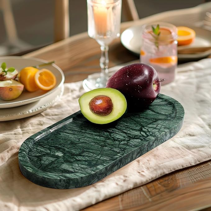 Genuine Real Natural Marble Tray for Bathroom, Luxury Indian Green Stone Vanity Tray, Decorative Oval Trays for Countertop Storage Organizer, Dresser, Kitchen, Home Decor, 11.8" x 6", Green