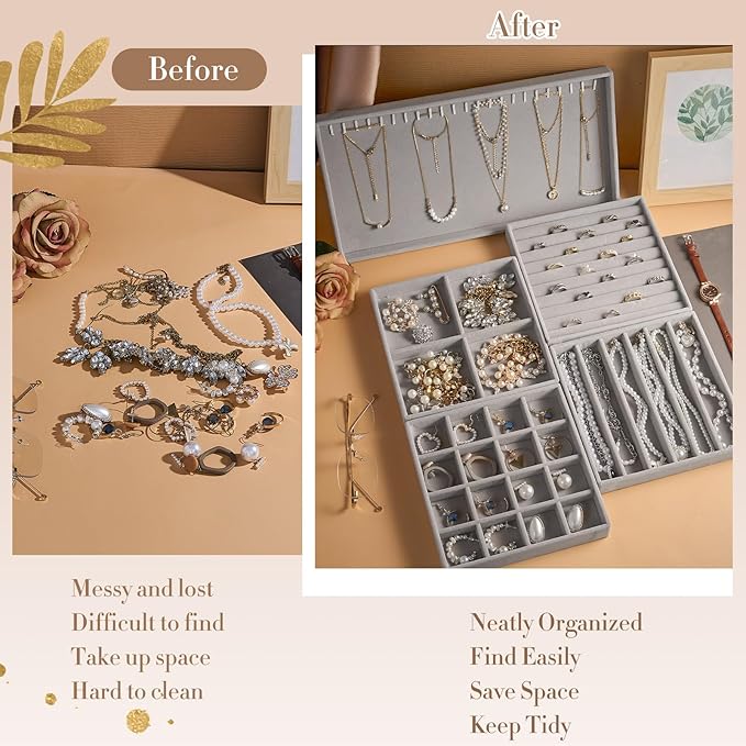 Set of 10 Stackable Jewelry Organizer Trays for Drawer 14 Inch Velvet Jewelry Drawer Insert Display Storage with Removable Divider for Necklace Earring Ring Watch Bracelet (Gray)