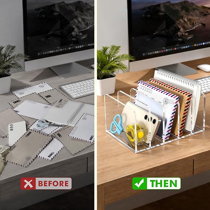 BEYGORM Acrylic Mail Holder, Clear Multifunction Desk Organizer with Divider, Vertical Letter Sorter for Desktop, 5 Compartments Modern Office Home Envelope Organizer for Folder, Document, Notebook