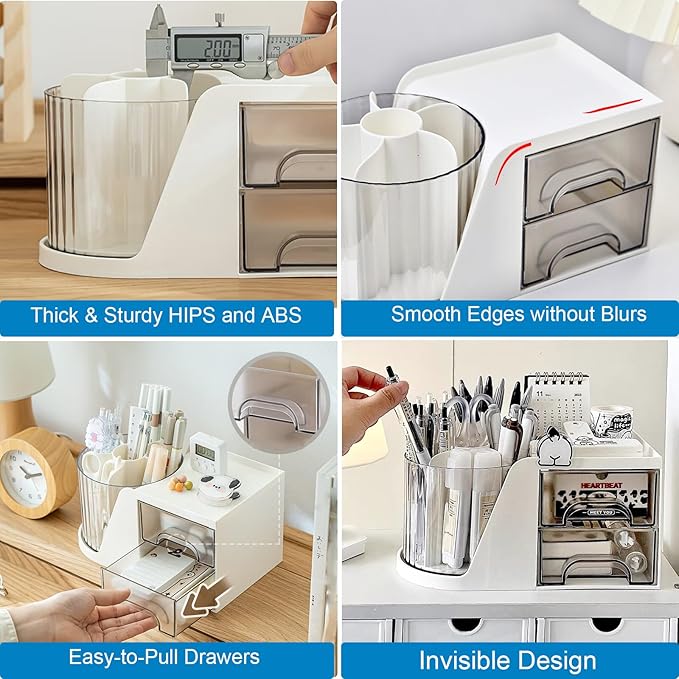 Marte Vanci 360° Rotating Desk Organizer with 2 Drawer, Desktop Rotating Pen Holder with 6 Slots, Small Makeup Organizer, Multifunctional Desk Accessories for Office, Home(White)