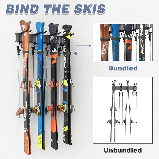 WALMANN Garage Storage Organization Wall Ski Rack 8 Pairs of Skis Mount Ski Hanger for Garage Snowboard Wall Rack Holds Up to 400 lbs