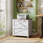 DEVAISE Lateral File Cabinet with Lock, 2 Drawers & Charging Station, Farmhouse Wood Printer Stand with Large Storage, Fits A4/Letter/Legal Hanging Files, White