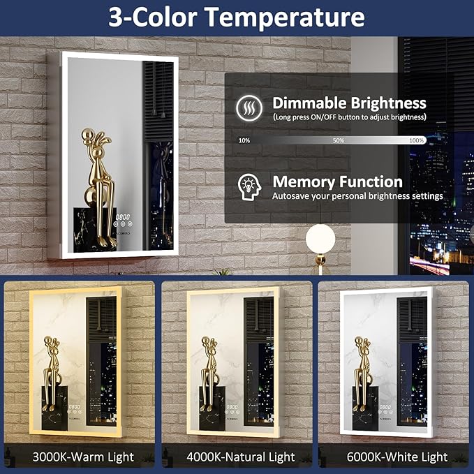 20"×30" Bathroom Mirror Cabinet, Recessed Lighted Medicine Cabinet with Mirror, Dimmable 3 Color Lights, Clock & Room Temp Display, Defogger, LED Bathroom Cabinet with Storage, Left Hinge