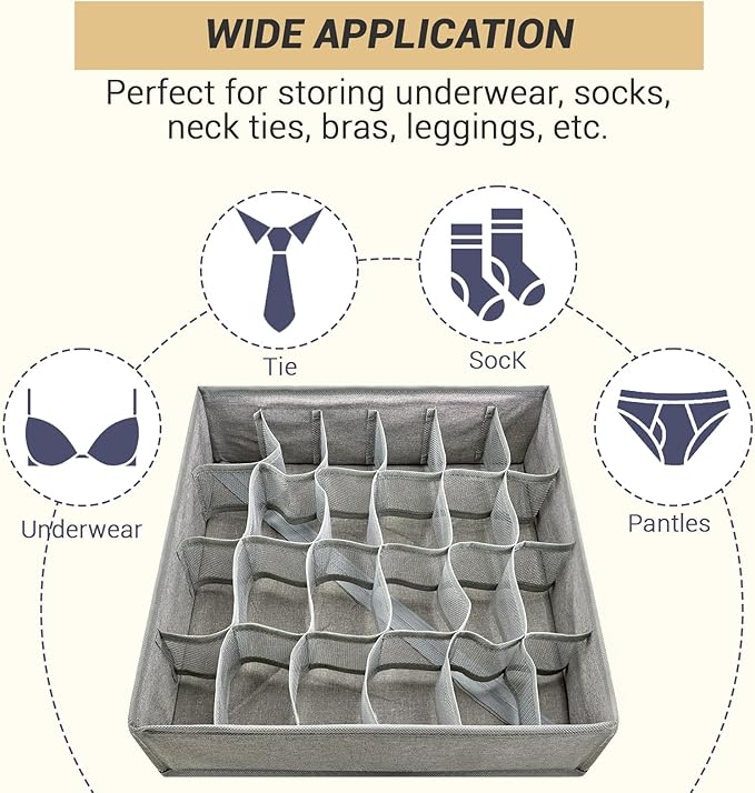 3 Pack 72-Cell Fabric Sock Organizer and Tie Organizer For Men - Fabric Foldable Drawer Divider for Socks, Underwear, Ties and Belts - Foldable, Multi-Cell Design, Space-Saving (Grey)