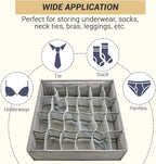 4 Pack 96-Cell Fabric Sock Organizer and Tie Organizer For Men - Fabric Foldable Drawer Divider for Socks, Underwear, Ties and Belts - Foldable, Multi-Cell Design, Space-Saving (Grey)