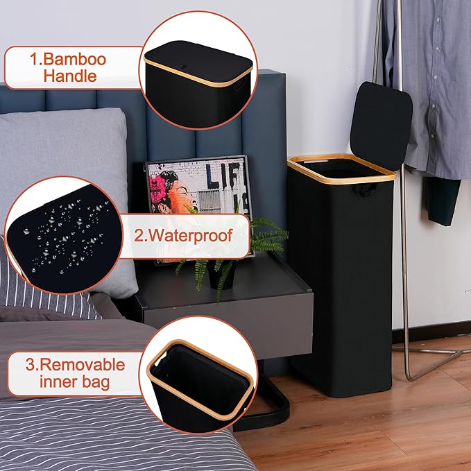 efluky Slim Laundry Basket with Lid, Narrow Laundry Hamper with Removable Bag, Skinny Dirty Clothes Basket with Bamboo Handles for Bathroom, Bedroom & Laundry Room, 90L Black