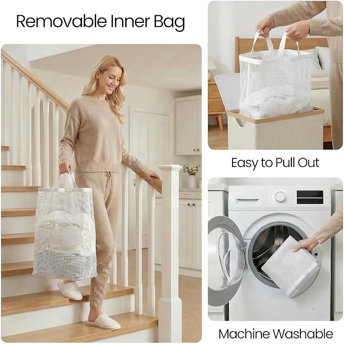 efluky Slim Laundry Basket with Lid, Narrow Laundry Hamper with Removable Bag, Skinny Dirty Clothes Basket with Bamboo Handles for Bathroom, Bedroom & Laundry Room, 65L Beige
