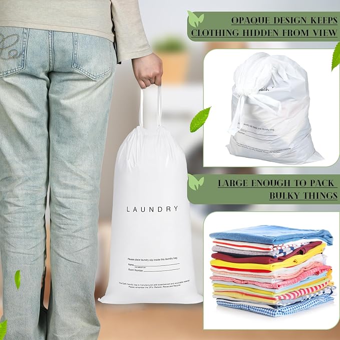 200 Pack Hotel Laundry Bags Bulk 1.38 Mil 14" x 24" Laundry Plastic with Drawstring Closure Writing Strips Patient Personal Belongings Dirty Clothes Bag for Factory Travel Hospital