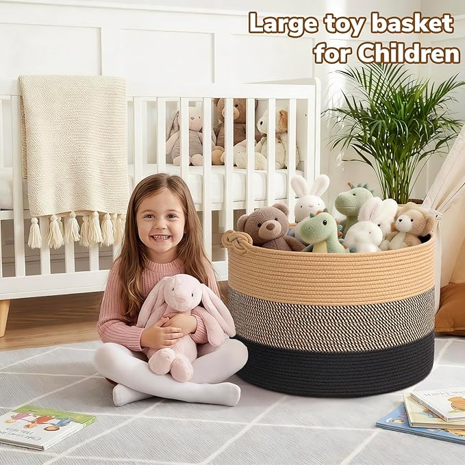 CherryNow 22"x22"x14" Large Blanket Basket, Home Décor for Living Room Bedroom, Decorative Wicker Woven Basket for Clothes, Toy Storage Basket for Kids, Camel Mix & Black