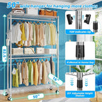 Simple Trending Clothing Garment Rack with 3 Tiers Storage Shelves, Heavy Duty Rolling Clothes Organizer Double Rods with Wheels for Hanging Clothes, Chrome