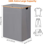 efluky Laundry Hamper with Lid, Trio Laundry Hamper with 3 Removable Bags, 3 Section Laundry Basket with Bamboo Handles for Bathroom, Bedroom & Laundry Room, 160L Silver Grey