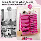 GOFLAME 15-Drawer Rolling Storage Cart, Craft Storage Cart with Removable Drawers & Lockable Wheels, Art Cart Supply Storage Organizer for Home Office Classroom, Hot Pink