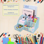 Boutilon Mesh Desk Organizer Desktop Office Supplies Stationary Organizer with 6 Compartments and 1 Drawer Multi-Functional Caddy Pen Holder for Home Office School Desk Decor(Light Blue)