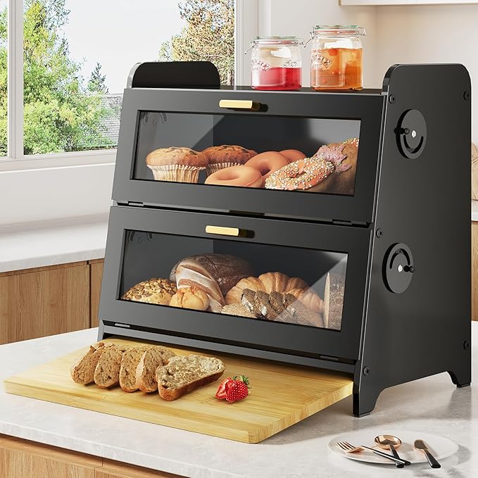 SNTD Bread Box - Kitchen Countertop Bread Storage Container with Bamboo Cutting Board, Adjustable Vent Hole Dials, Black