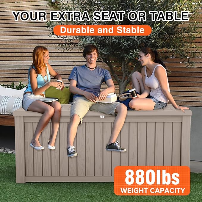 180 Gallon Resin Deck Box, Waterproof Outdoor Storage Bin for Patio Furniture, Pool Accessories, and Garden Tools, Lockable & UV-Resistant, Grey