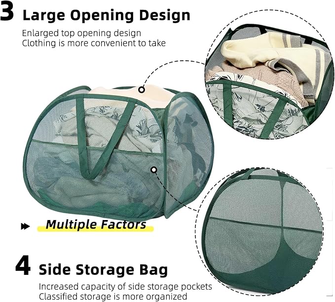 Collapsible Laundry Basket, 90L Foldable Pop-up Laundry Hamper with Handles, Square Mesh Dirty Clothes Hamper for Laundry, Bathroom, Kids Room, Dorm,Travel or Camping (Green)