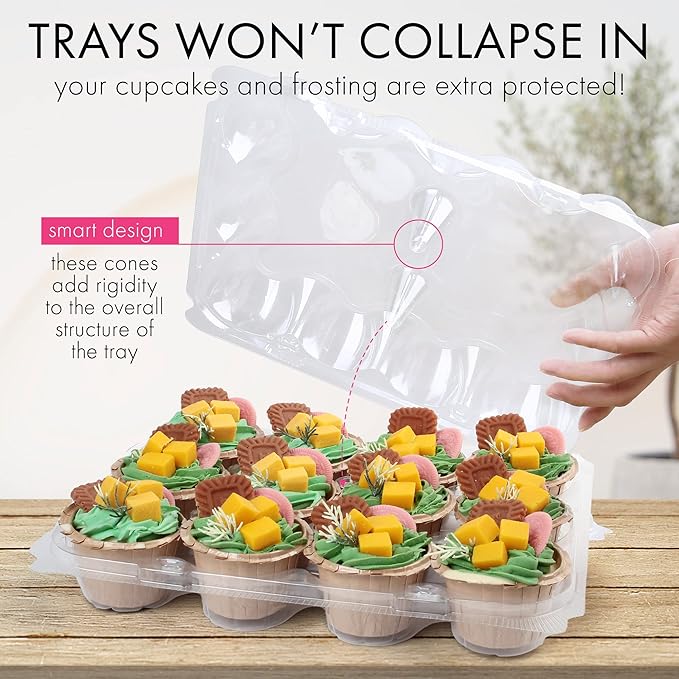 LotFancy (12 Count x 5 Sets) Cupcake Containers with 60 Liners, Plastic Stackable Cupcake Boxes, Disposable Muffin Holder with Detachable Tall Dome Lid, BPA Free, Clear Cupcake Carrier, Standard Size