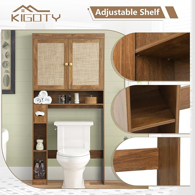 KIGOTY Over The Toilet Storage Cabinet, Bathroom Storage Organizer with 2 Doors, Toilet Rack with Adjustable Shelf,Freestanding Space-Saving Storage Rack for Toilet, Laundry Room,Brown