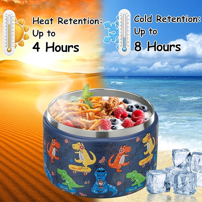 12oz Insulated Vacuum Food Jar with Buckle Lid Wide Mouth Soup Thermo for Hot Food Kids Leakproof Stainless Steel Lunch Container (Blue-Dinosaur)