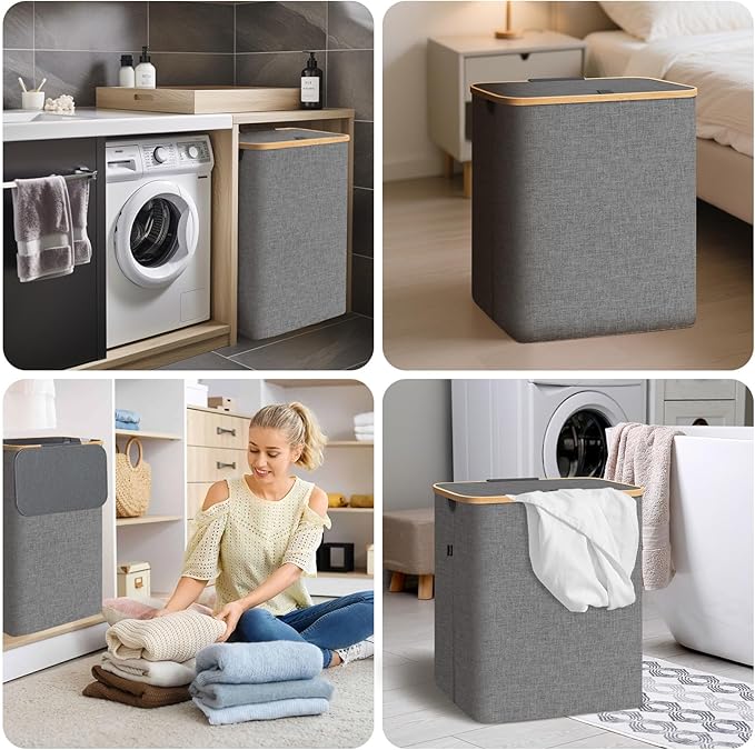 BALEINE Laundry Hamper with Lid, Tall Laundry Baskets with Bamboo Pull Handles, Large Laundry Bin with Internal Support (36 Gal/140L, Black)